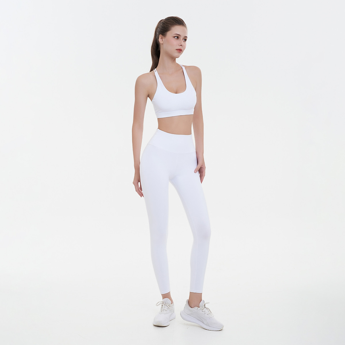 Set đồ tập yoga gym Luxury Hibi Sports H145 4 dây đan VX, màu Trắng kèm mút ngực, vải cao cấp Hi Fabric