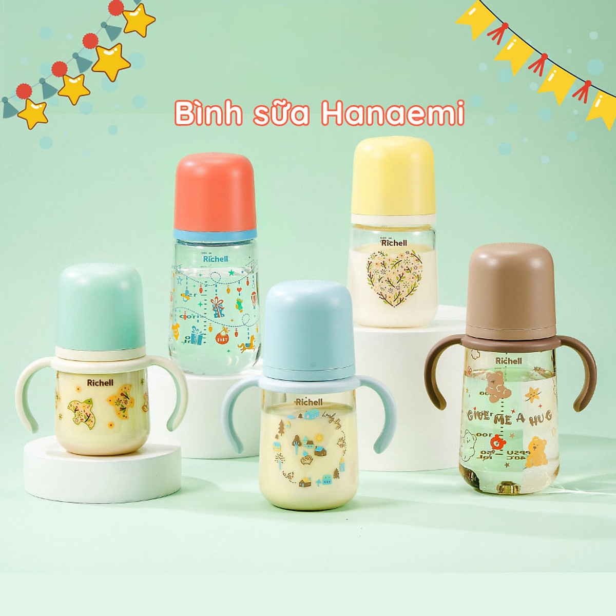 Bình sữa thủy tinh Hanaemi Richell 160ml/240ml