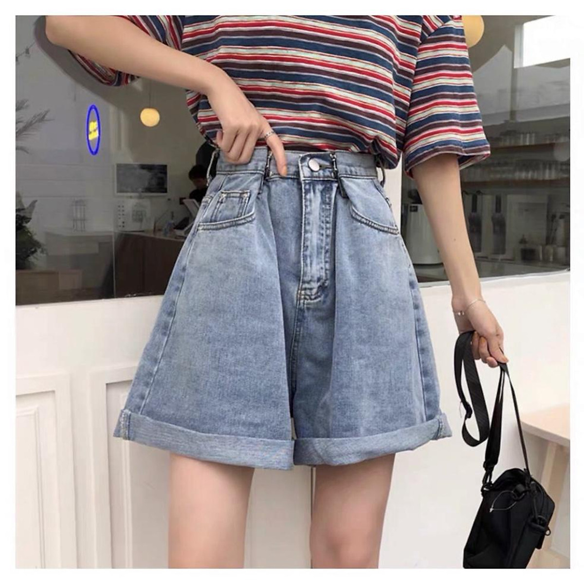 Quần Short Jean Cạp Móc MAYON Nữ Shorts bò suông ống rộng, sooc đùi rách  gối màu Ulzzang