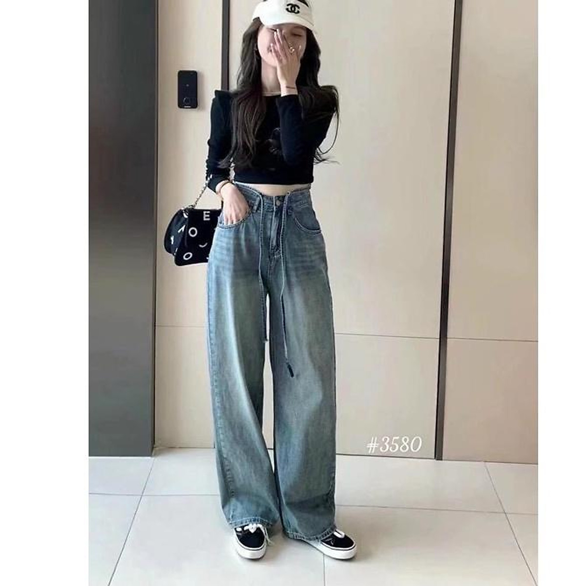 Mua Quần baggy jean nữ ống rộng lưng cao cột dây quần jean ống