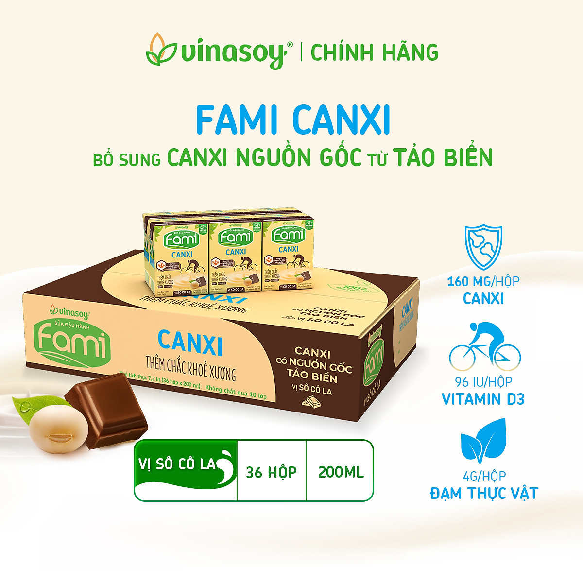 Thùng sữa đậu nành Fami Canxi Vị sô cô la hộp (200ml x 36 hộp)