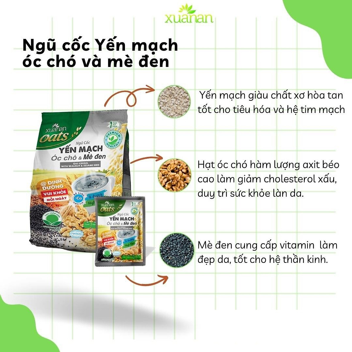Ngũ Cốc Yến Mạch, Óc Chó Và Mè Đen Xuân An [ít đường] Túi 400G {25g*16 gói}