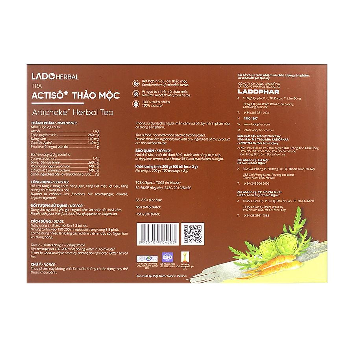 Trà Atiso Ladophar thảo mộc Hộp 100 túi lọc Hỗ trợ mát gan, tăng tiết mật, lợi tiểu tặng 1 túi trà