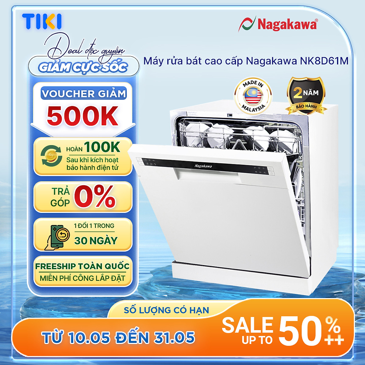 Máy rửa bát 8 bộ cao cấp Nagakawa NK8D61M- Bảo hành 2 năm - Made in Malaysia - Hàng chính hãng