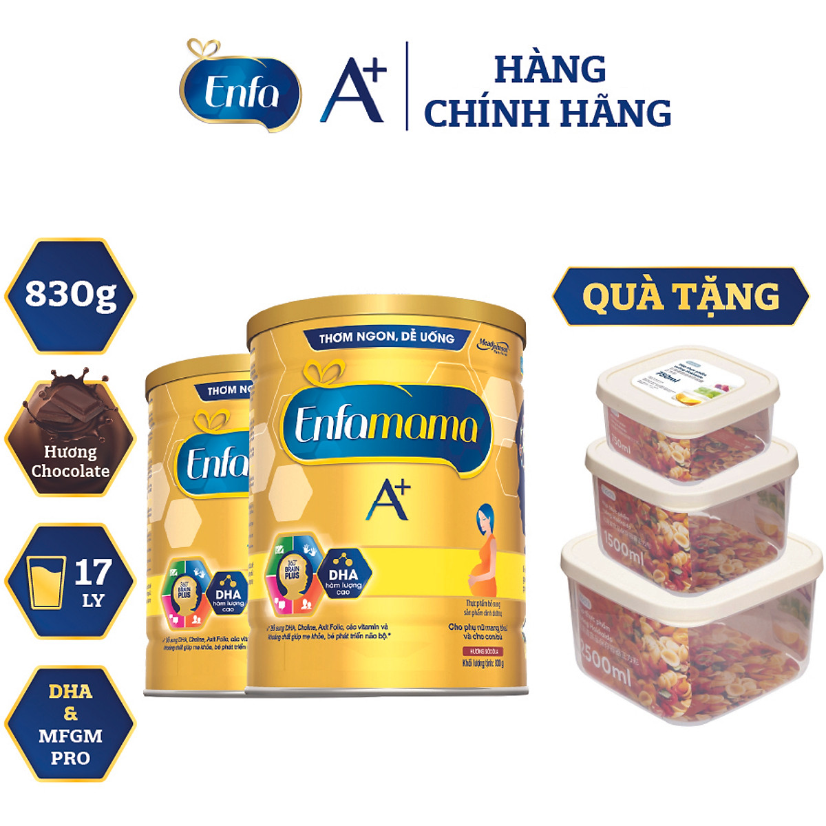 Bộ 2 Lon Sữa Bầu Enfamama 360° Brain Plus Cho Mẹ - Vị Chocolate - 830g - Tặng Bộ 3 hộp thực phẩm vuông Hokkaido 750-1500-2500ml