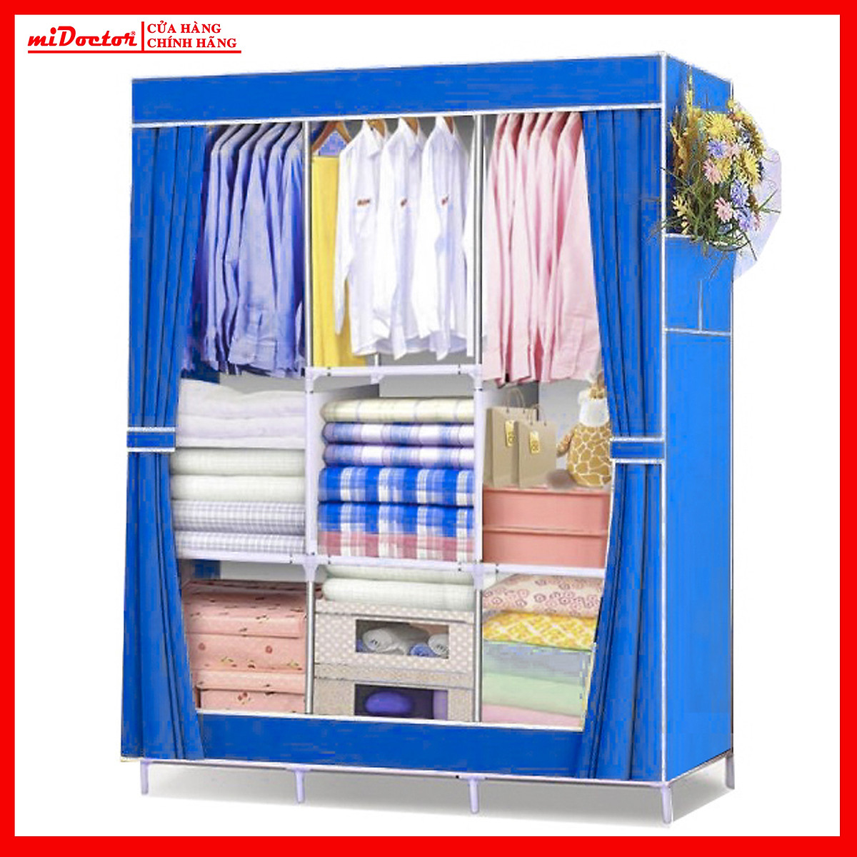 Tủ Quần Áo Cải Tiến Thế Hệ Mới, Tủ Vải Quần Áo 3 Buồng 8 Ngăn 1,7m Cao Cấp