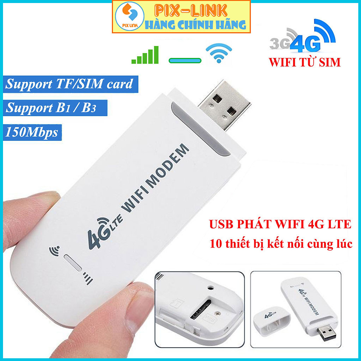 Bộ phát wifi từ sim 4G PIX-LINK USB Modem ,USB phát Wifi 4G LTE từ sim 4G, Dcom phát wifi di động tốc độ cao, phủ sóng rộng - Hàng chính hãng / Hàng nhập khẩu
