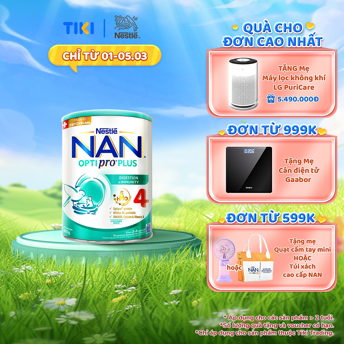 Sữa bột Nestlé NAN OPTIPRO PLUS 4 800g/lon với 5HMO Giúp tiêu hóa tốt + Tăng cường đề kháng - Bé 2-6 tuổi