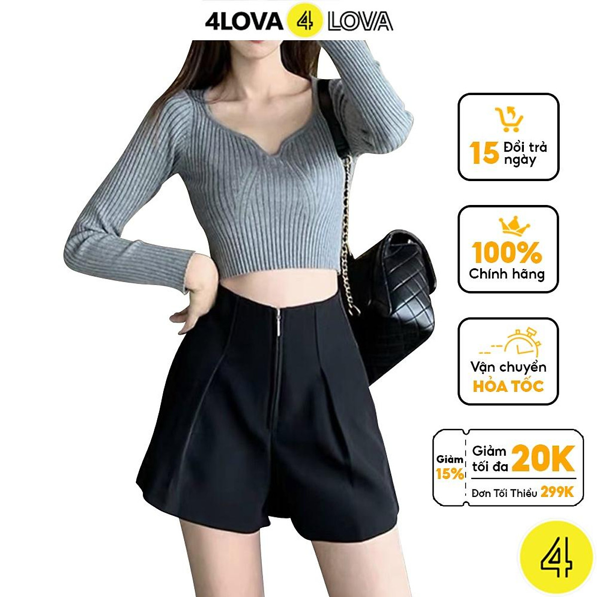 Quần short nữ cạp cao thời trang 4LOVA ống rộng phối khóa kéo trước trẻ trung