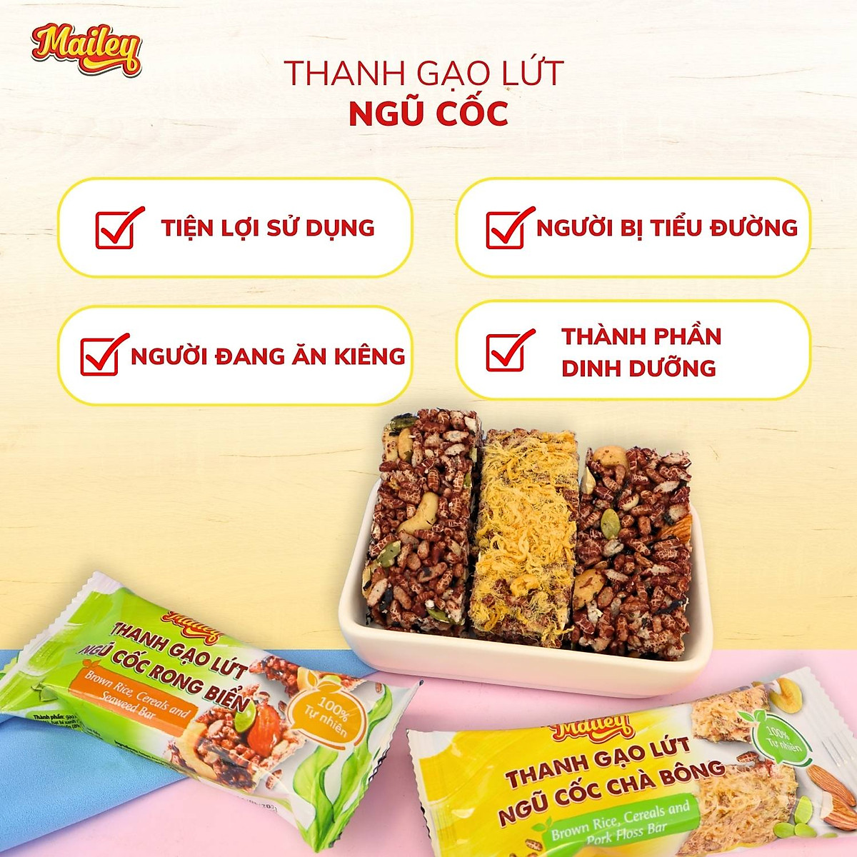 Thanh gạo lứt ngũ cốc chà bông/rong biển mix hạt Mailey Hộp 120g - Bánh gạo lứt ăn kiêng hỗ trợ giảm cân