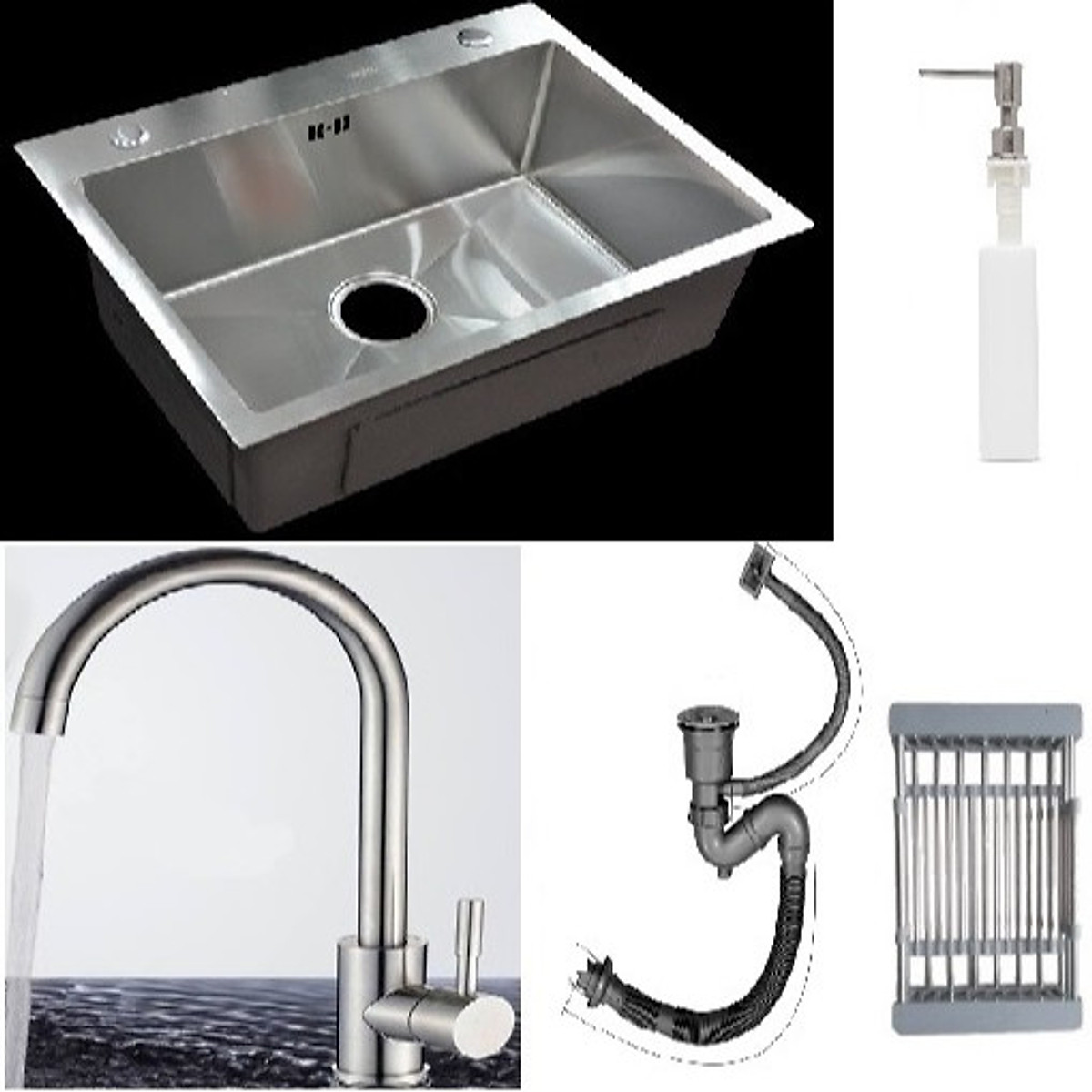 Combo chậu rửa chén bát inox 1 hố 6045, vòi rửa bát inox nóng lạnh cổ ...