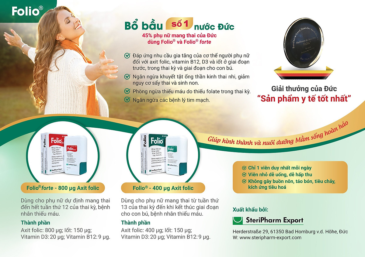 Viên uống bổ sung Acid Folic cho phụ nữ dự định mang thai, phụ nữ đang mang thai Folio® forte - Hộp 120 viên
