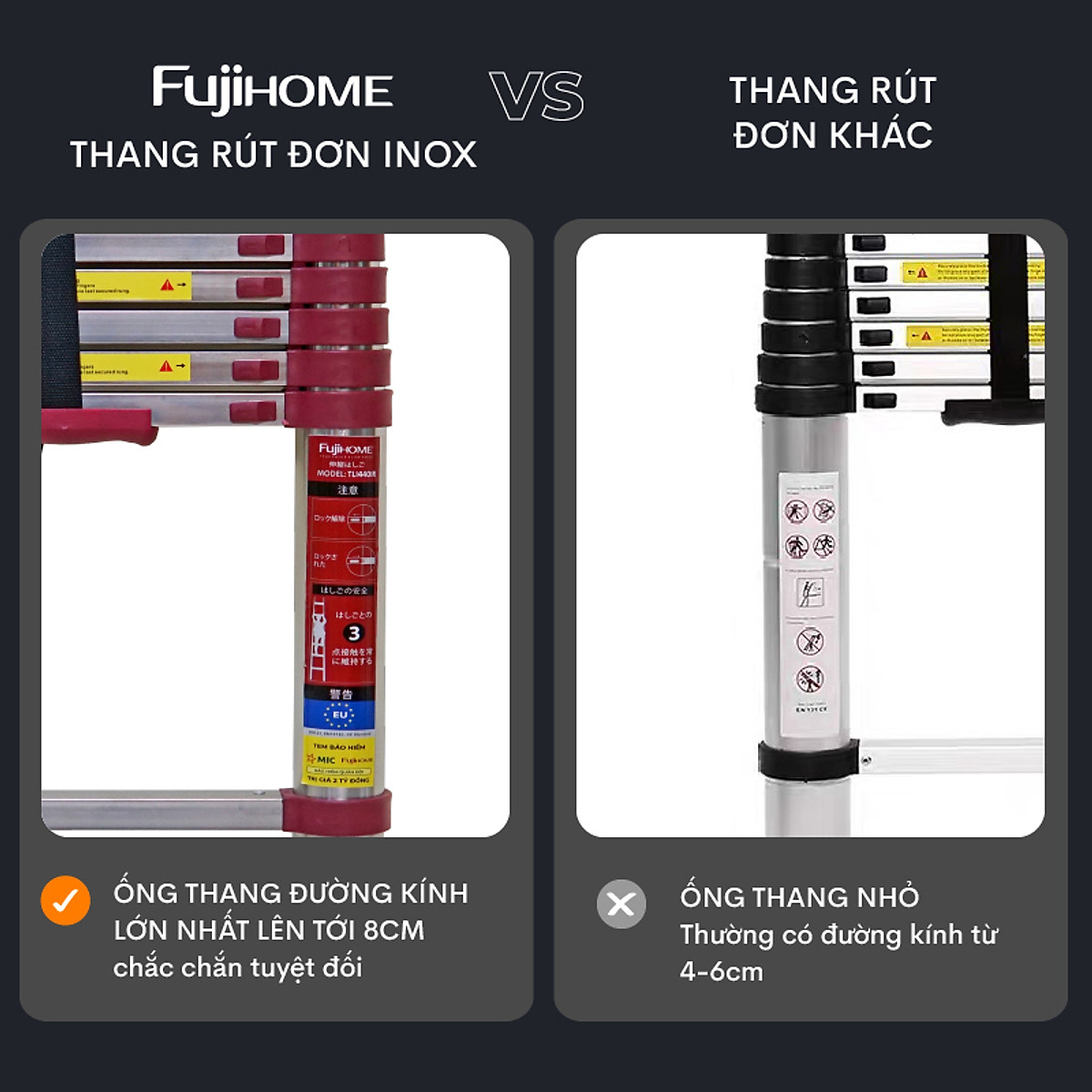 Thang Inox rút đơn 3.8M-5.4M xếp gọn Nhập Khẩu FUJIHOME, thang rút gọn chữ I đa năng chốt khóa tự động an toàn chân chống trơn trượt - Hàng chính hãng