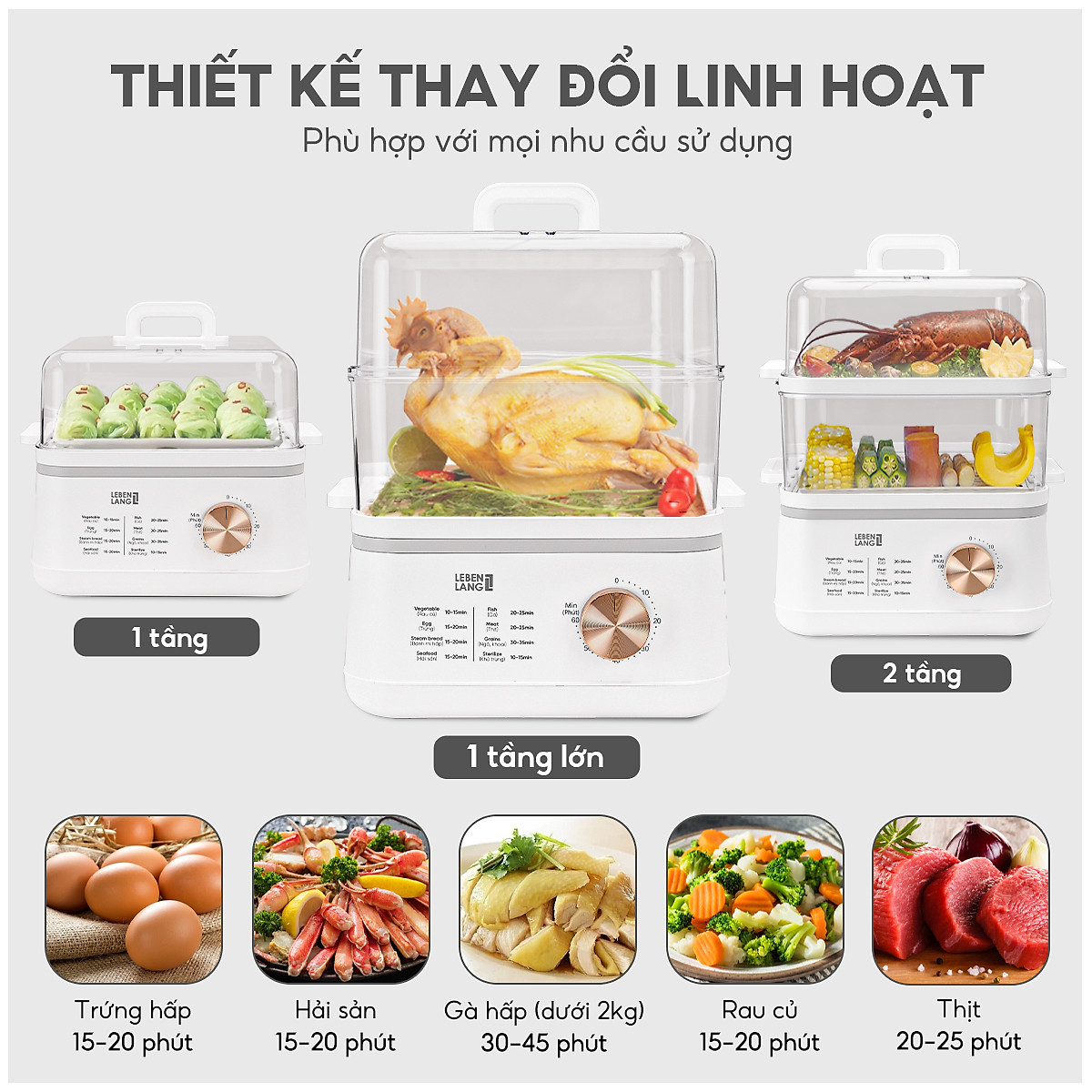 Nồi hấp điện đa năng LEBENLANG LBEL5030 hấp 2 tầng,12L tiện lợi, 800W, bảo hành 2 năm - hàng chính hãng