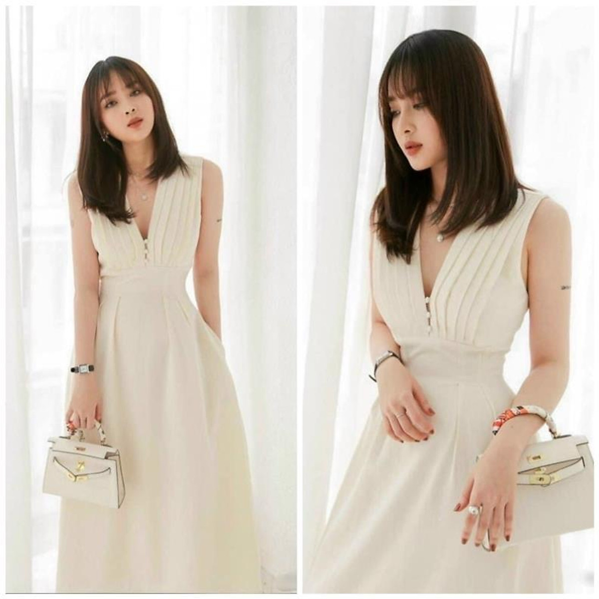 đầm trắng sát nách xếp ly thân hoa eo