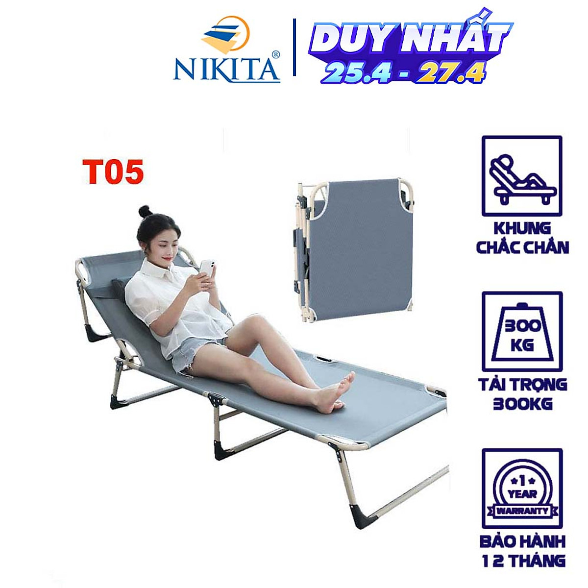 Giường xếp gọn văn phòng NIKITA siêu bền - Khung thép sơn tĩnh điện - Vải bạt 4D
