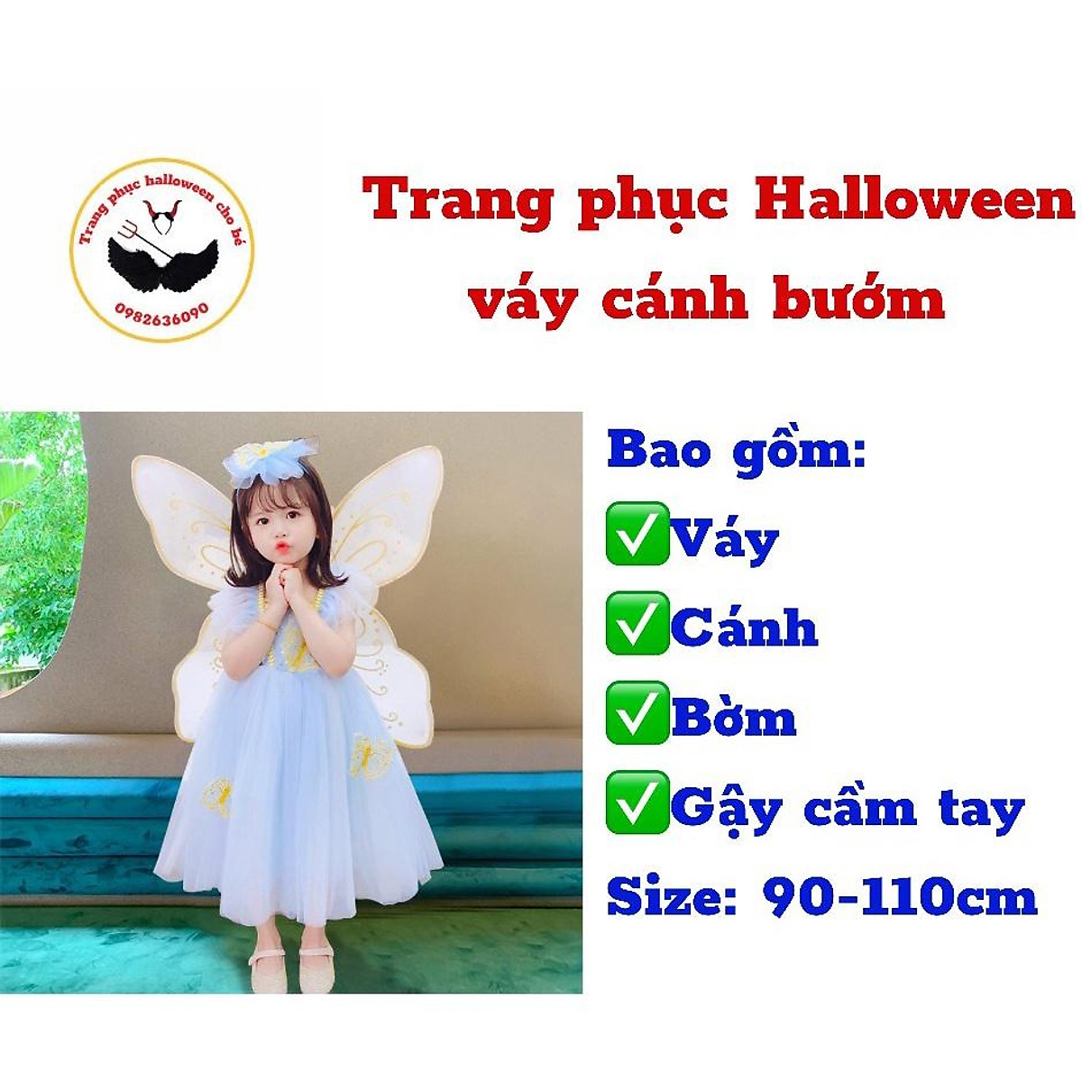 Trang Phục Halloween Váy Cánh Thiên Thần Cực Xinh Cho Bé Gái - Xanh,110Cm | Tranh Dán Tường Mica Mon Mon | Tiki