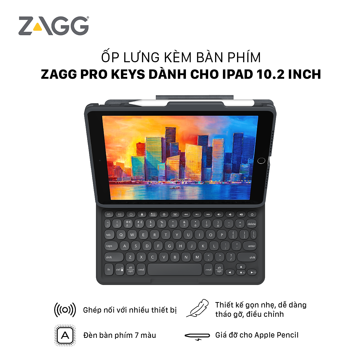 Ốp lưng  kèm bàn phím  dành cho ZAGG Keyboard Pro Keys iPad 10.2 inch - Black/Gray-UK - 103407134 - Hàng chính hãng