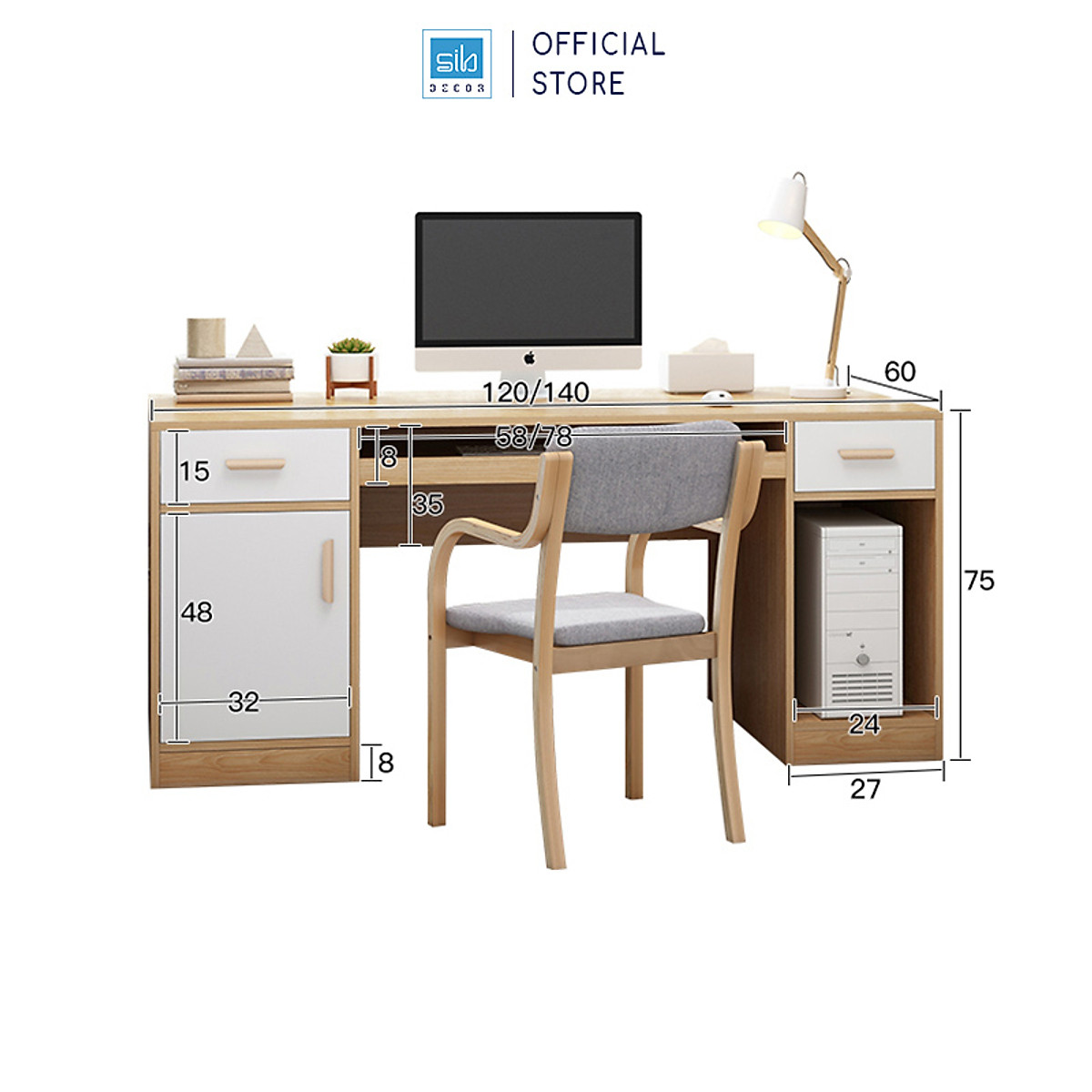 Bàn Học Tập, Bàn Làm Việc Kết Hợp Ngăn Kéo Và Ngăn Đỡ PC Hiện Đại, Đa Năng SIB Decor BLV63