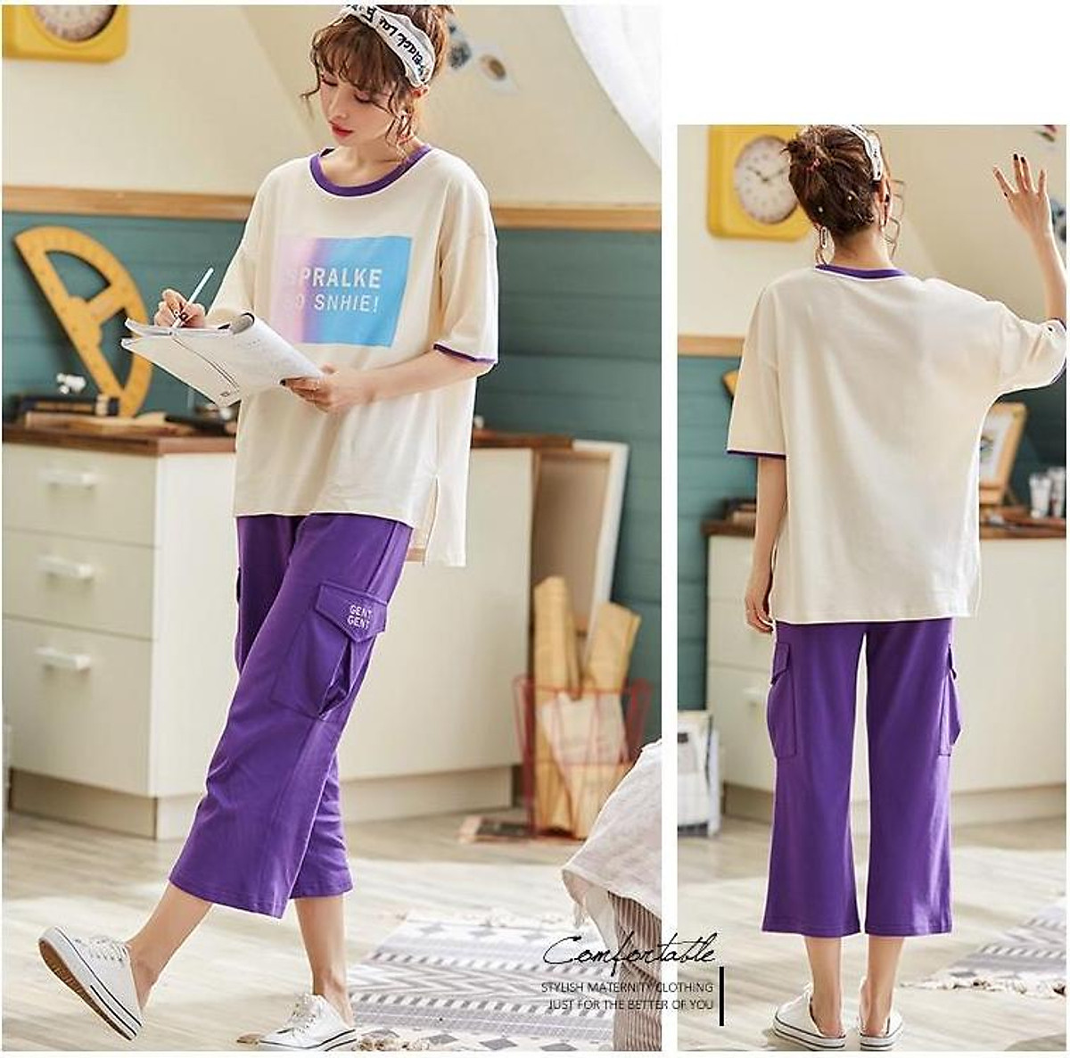 Bộ lửng cotton dáng dài tím phối túi hộp