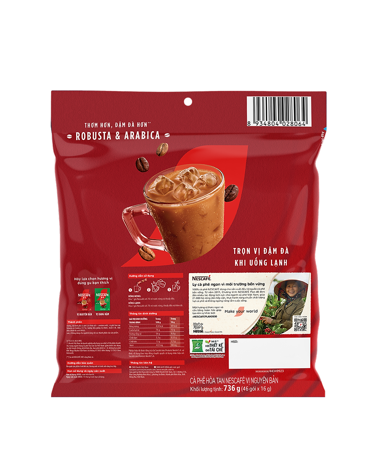 Cà phê hoà tan NESCAFÉ 3IN1 VỊ NGUYÊN BẢN - công thức cải tiến (bịch 46 gói x 16g)