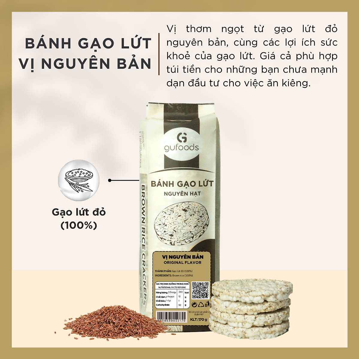 Bánh gạo lứt nguyên hạt ăn kiêng GUfoods (Gói 170g=18 bánh) - Không chiên dầu, Phù hợp Eat clean, Ăn vặt healthy, Thực dưỡng, Tập Gym, Giảm cân