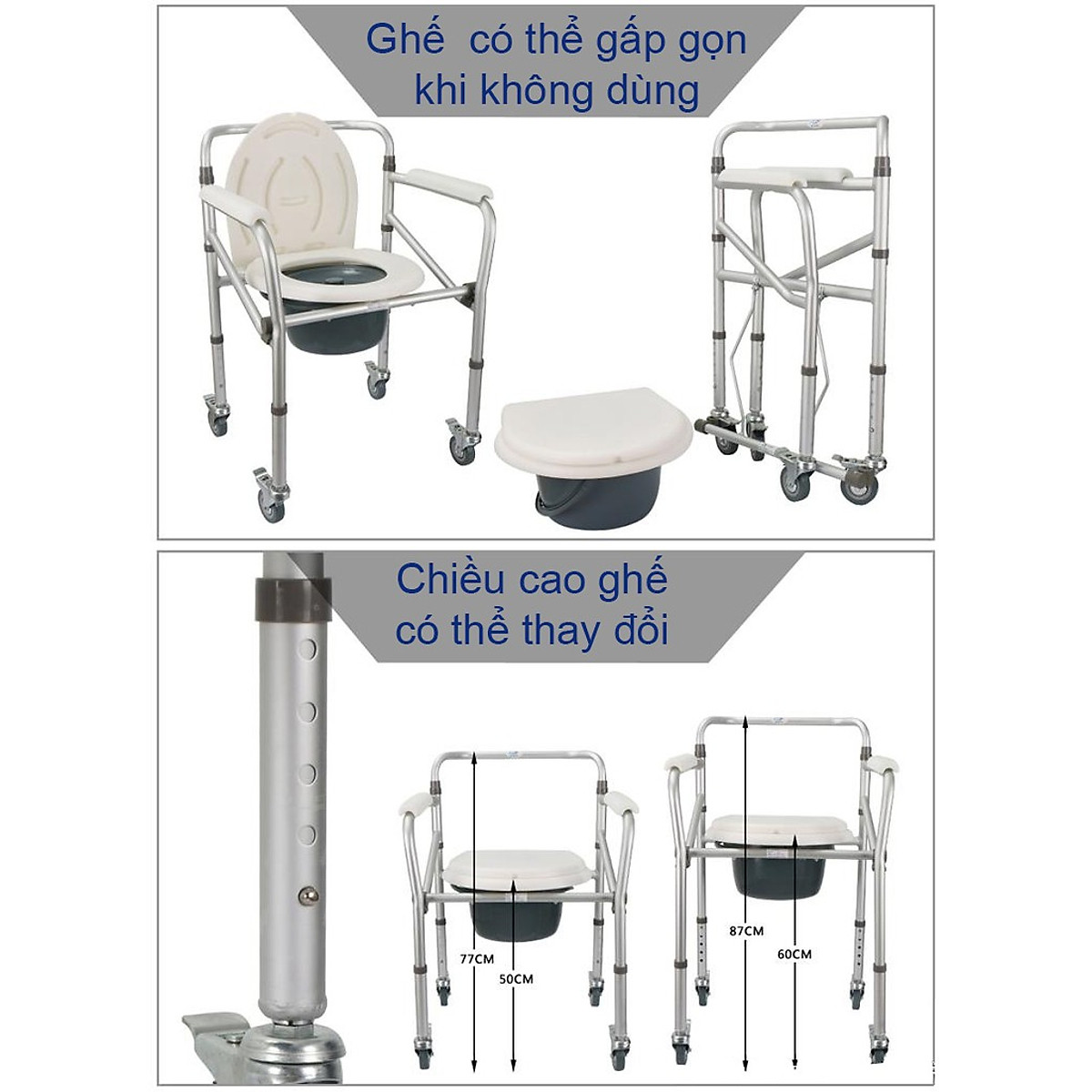 Ghế bô vệ sinh Nikita Inox cao cấp, có bánh xe di chuyển tiện lợi, cho người già, người bệnh và trẻ em mẫu 2021