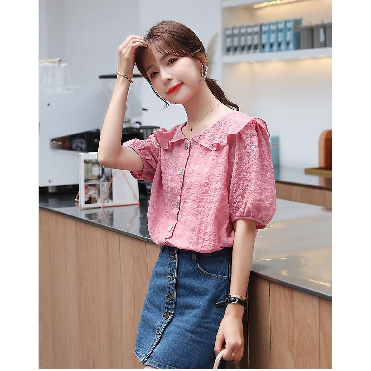 Áo Kiểu Sơ Mi Nữ Hàn Quốc Cổ Tròn Bèo Tay Phồng Công Sở Thời Trang Áo Kiểu Sơ Mi Nữ Hàn Quốc Cổ Tròn Bèo Tay Phồng Công Sở Thời Trang