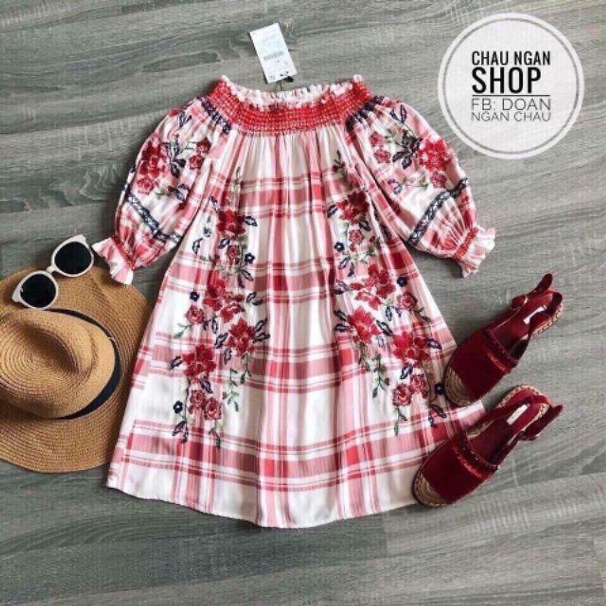ĐẦM CARO BẸT VAI BABYDOLL THÊU HOA