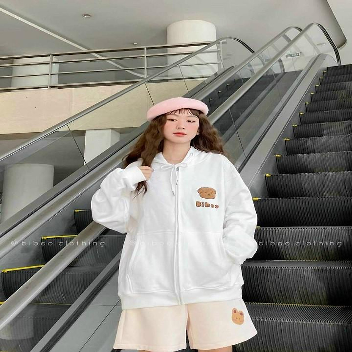 Áo khoác hoodie nữ nỉ ngoại có dây kéo thêu Biboo gấu - Form Nữ Unisex mặc siêu xinh