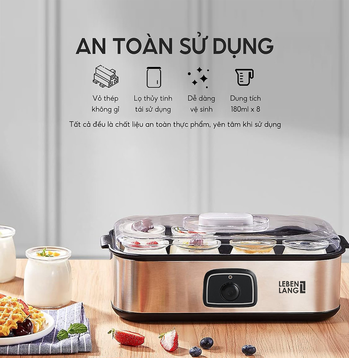 Máy làm sữa chua Lebenlang LBL9139, máy ủ sữa chua công suất 20W, dung tích 180ml, gồm 8 lọ thủy tinh, bảo hành 2 năm - hàng chính hãng