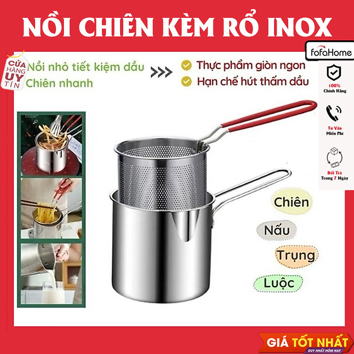 Nồi Chiên Nhúng Ngập Dầu Inox 304, Bộ Nồi Kèm Rổ Lọc Dầu 2 IN 1 Không Gỉ