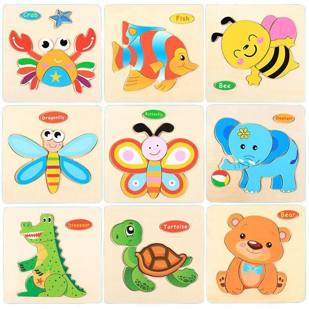 Combo 10 tranh xếp hình gỗ nổi 3D các con vật cho bé 5-10 mảnh
