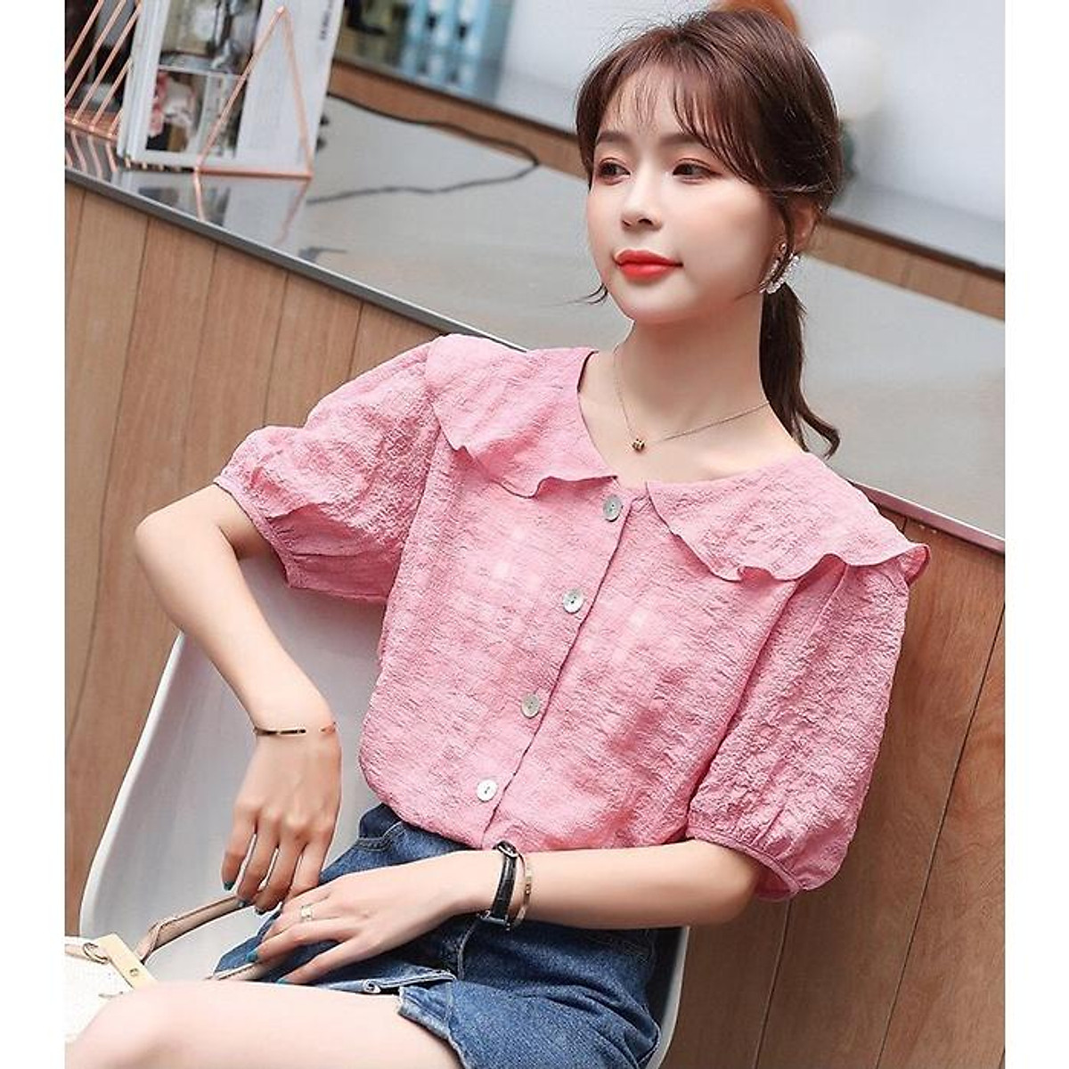 Áo Kiểu Sơ Mi Nữ Hàn Quốc Cổ Tròn Bèo Tay Phồng Công Sở Thời Trang Áo Kiểu Sơ Mi Nữ Hàn Quốc Cổ Tròn Bèo Tay Phồng Công Sở Thời Trang