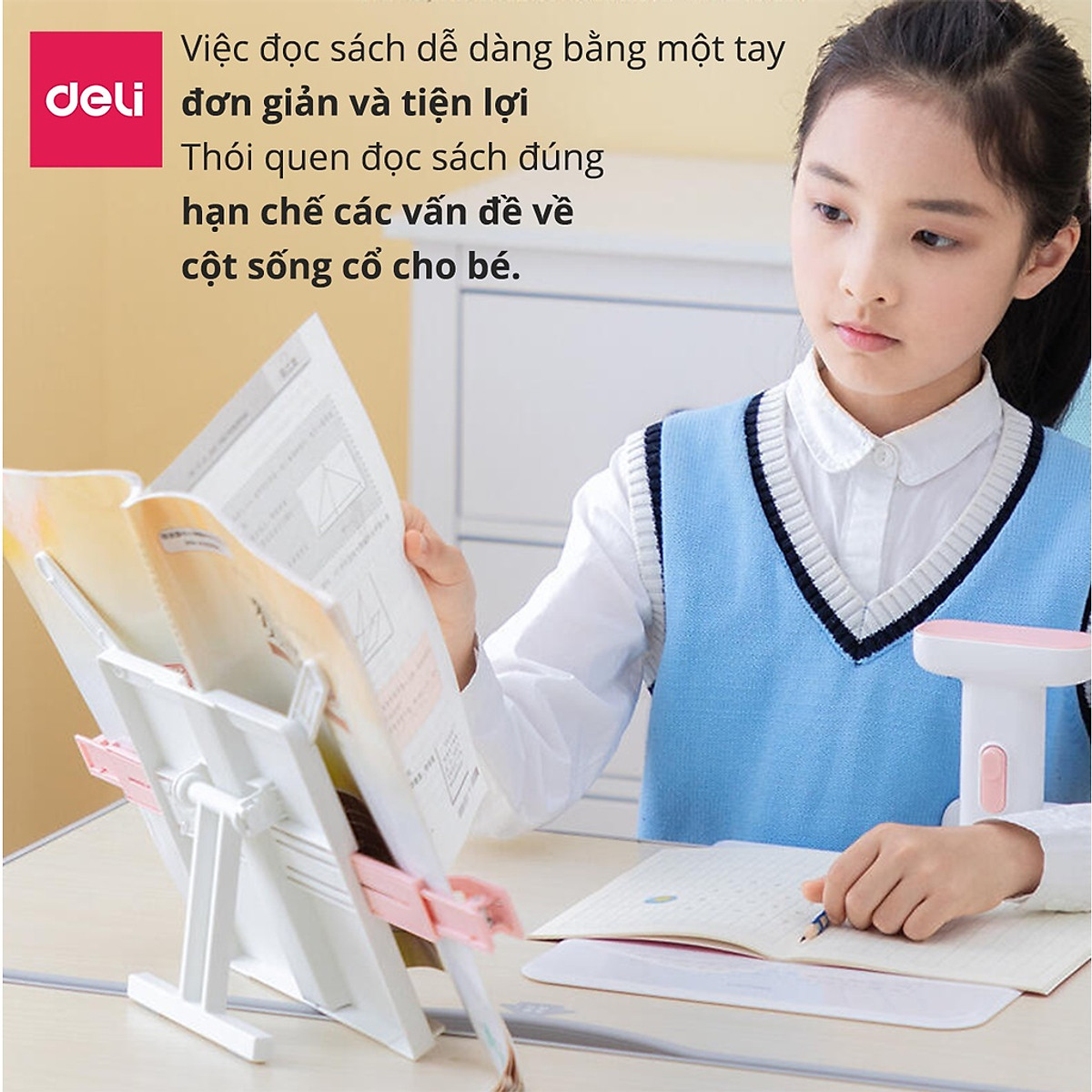 Giá đỡ sách, kẹp sách, đỡ điện thoại, ipad để bàn học Deli - Chống cận thị, chống gù lưng - Thiết kế thông minh tiện dụng dành cho bé - Màu xanh / màu hồng - 70531
