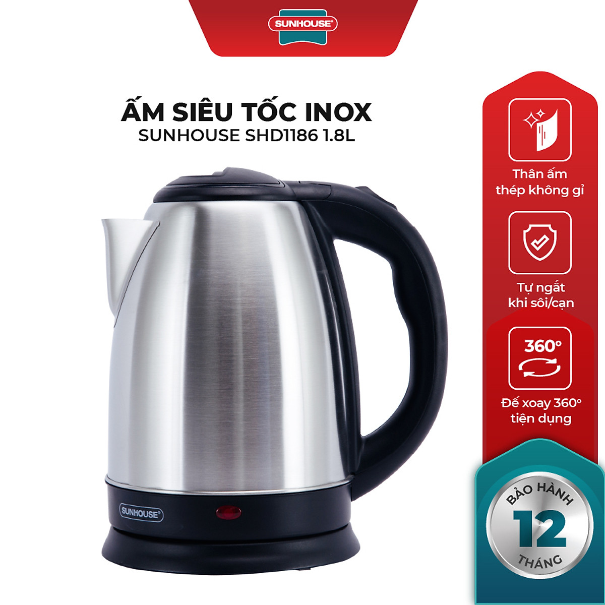 Ấm Siêu Tốc Inox Sunhouse SHD1186 - 1.8L - Hàng chính hãng
