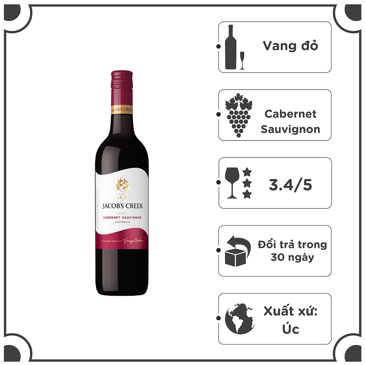 {Freeship 50K} Rượu vang đỏ Úc Jacob's Creek Classic Carbernet Sauvignon 750ml 12.8% - 14.8% - Không hộp