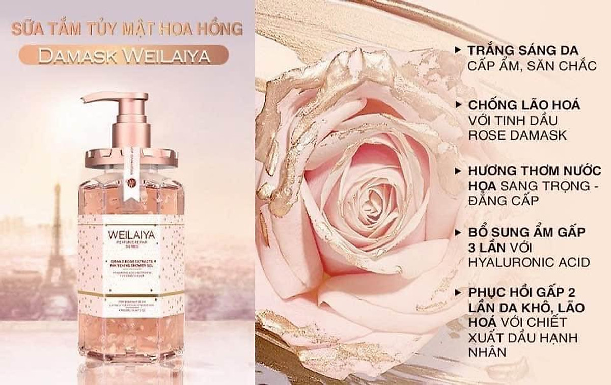 Combo 2 chai Sữa tắm trắng da cánh hoa hồng Damask Weilaiya Grand Rose Extracts Whitening Shower Gel 450ml tặng 1 Bông tắm Weilaiya