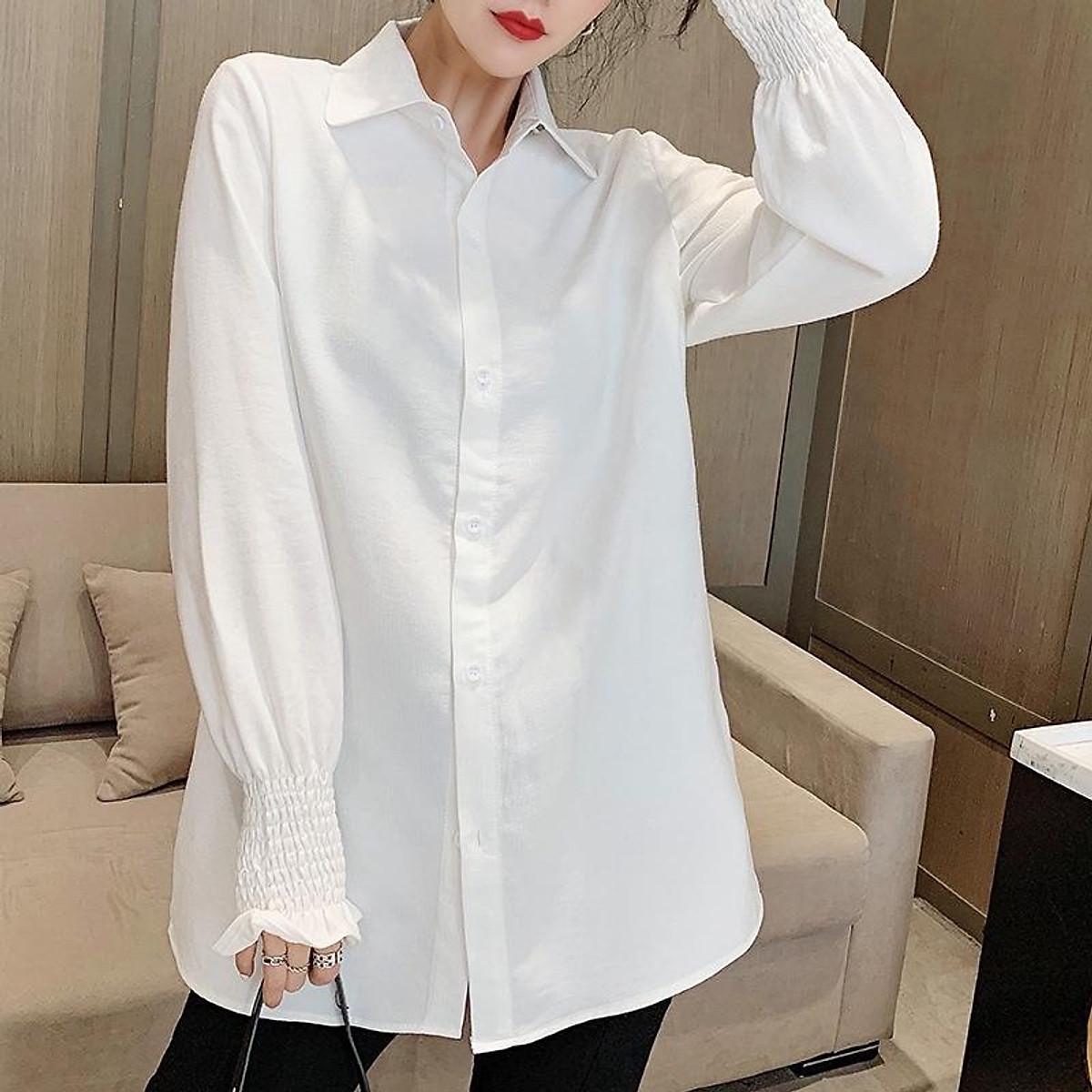 Mua Áo Sơ Mi Nữ From Rộng Kiểu Công Sở Dài Tay Phồng Bo Chun Dáng Dài Hàn  Quốc Vải Lụa Màu Trắng Cổ Đức Vintage Mola | Tiki