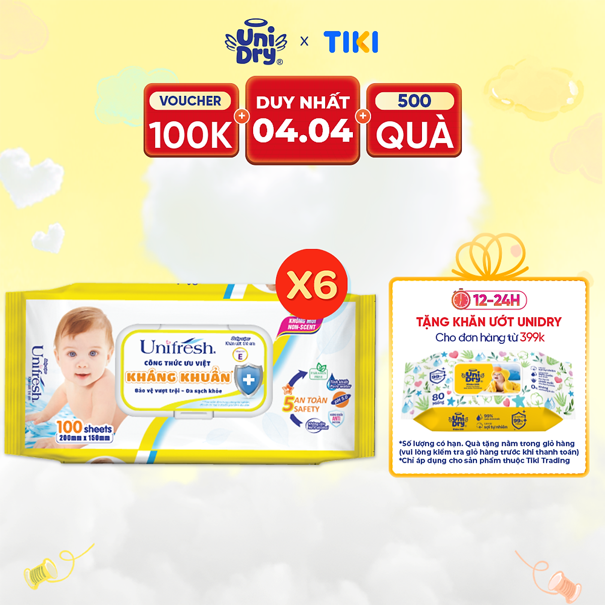 Combo 6 Khăn Ướt Unifresh Vitamin E 80M (80 Miếng)