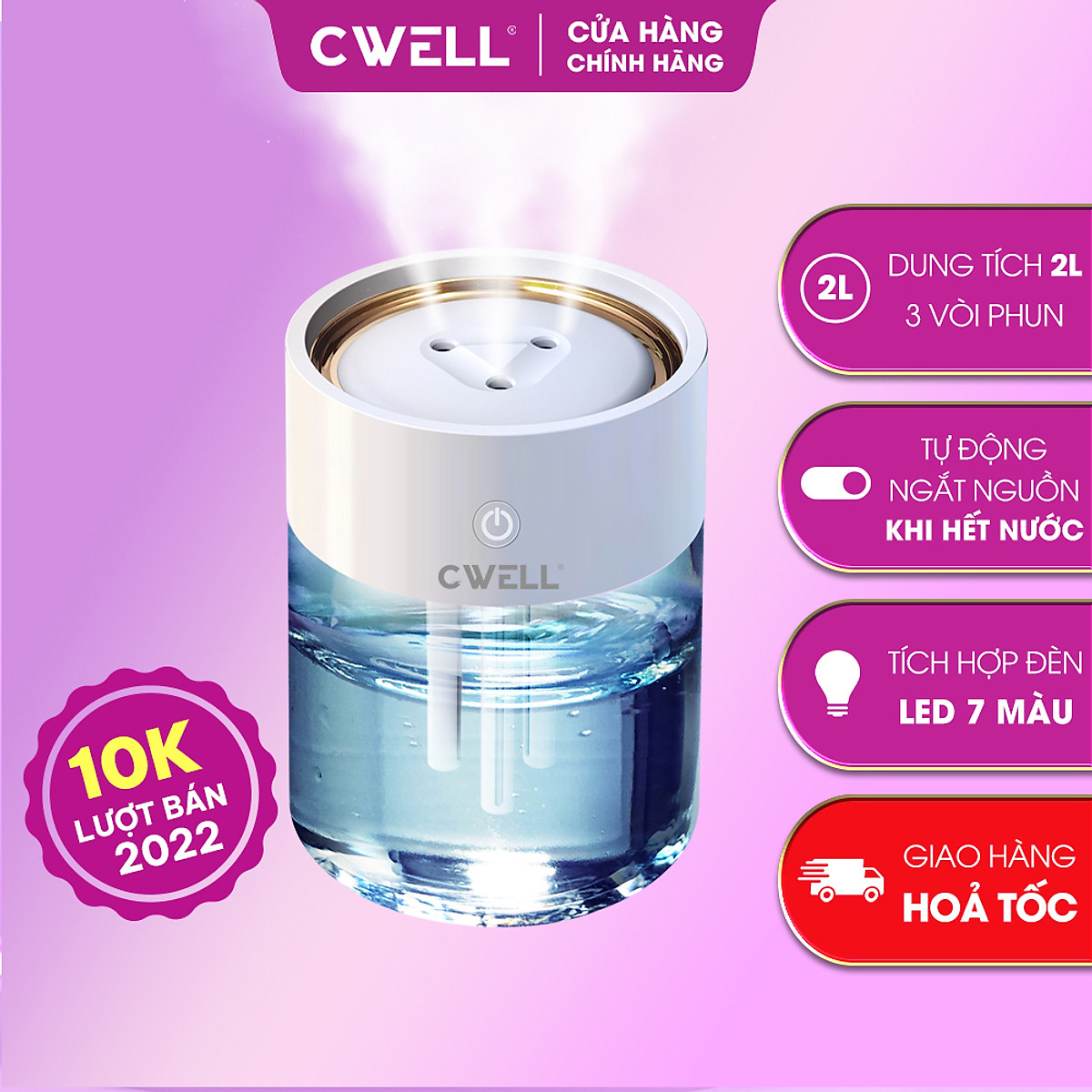 Máy xông tinh dầu, máy phun sương mini tạo ẩm chính hãng CWELL, tích hợp đèn Led nhiều màu, máy khuếch tán tinh dầu dung tích 2L C101H