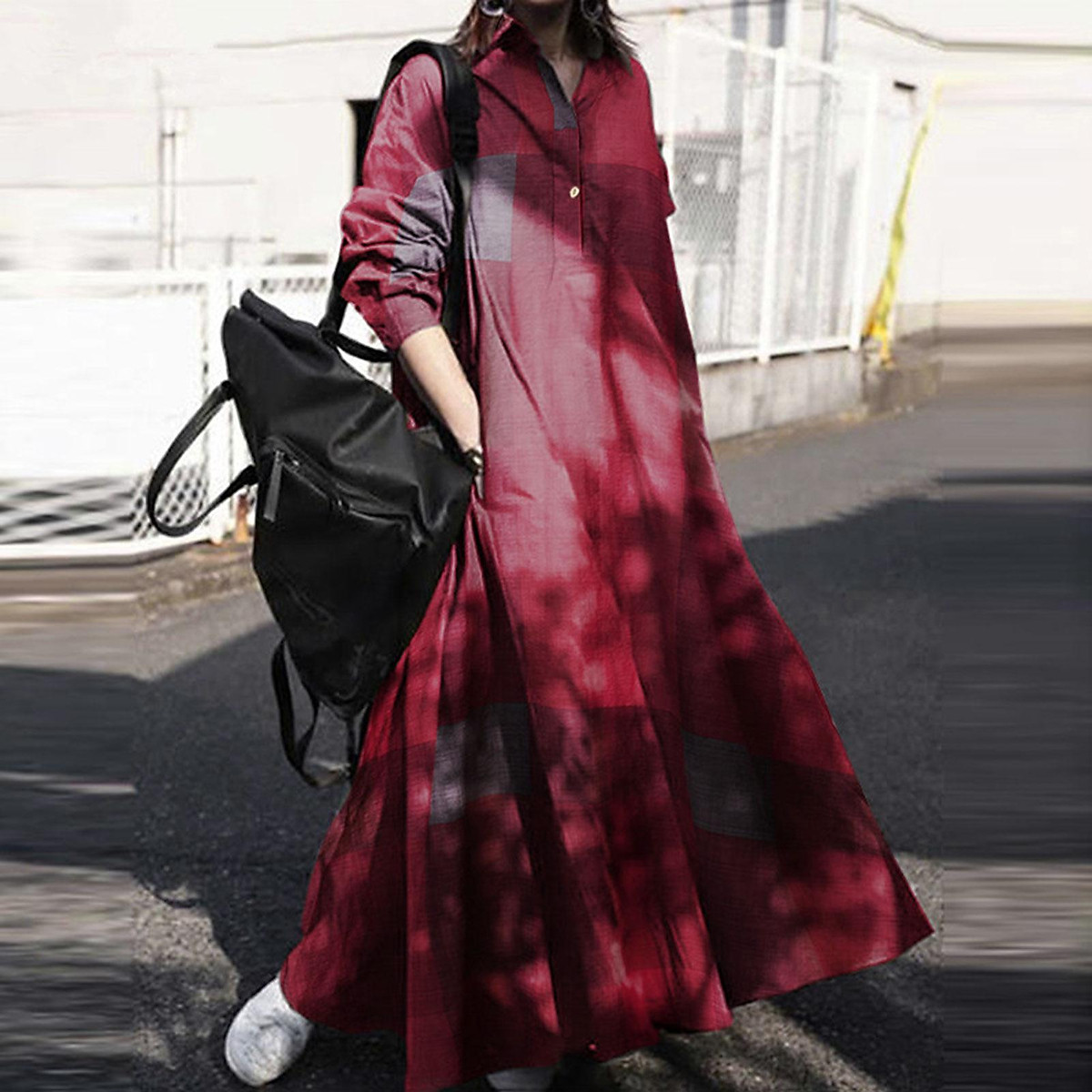 Women Cotton Vintage Plaid Dress Turn 