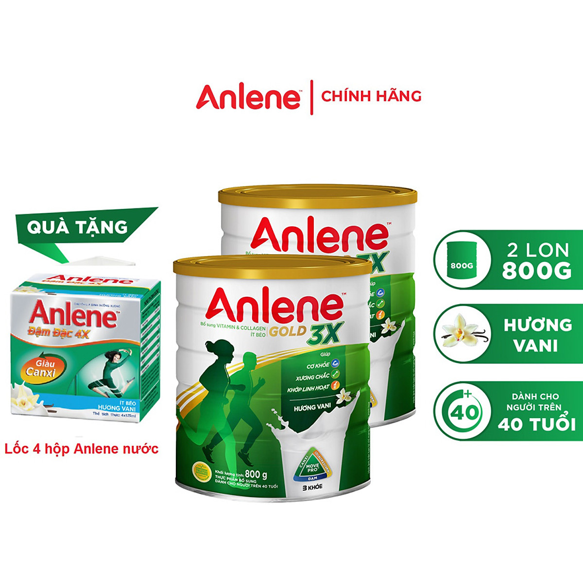 Combo 2 Sữa Bột Anlene Gold 3X Hương Vanilla (Hộp thiếc 800g) - Tặng 1 Lốc 4 hộp sữa nước Anlene vani 4x125ml