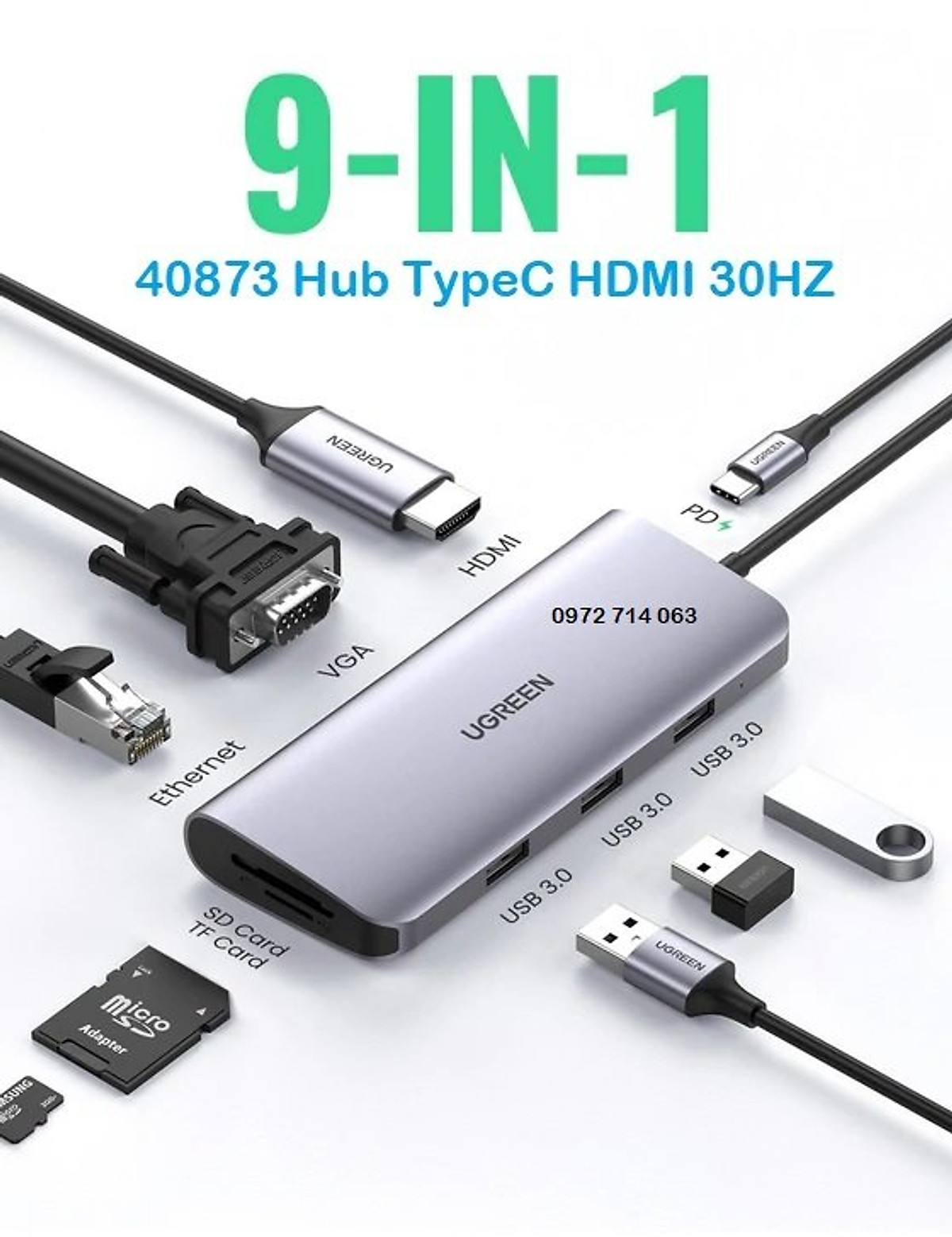 Ugreen Bộ Chuyển Đổi hub USB-C Sang HDMI + VGA + Đầu Đọc Thẻ +