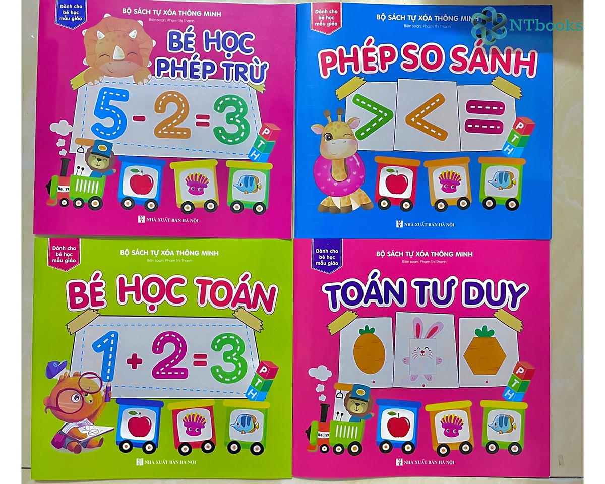 Combo 8 cuốn Sách tự xóa: Chữ cái - Toán - Chữ số - Hình khối & Màu sắc - Bé học phép trừ - Phép so sánh - Bé học toán - Toán tư duy (tặng kèm bút) - NTbooks