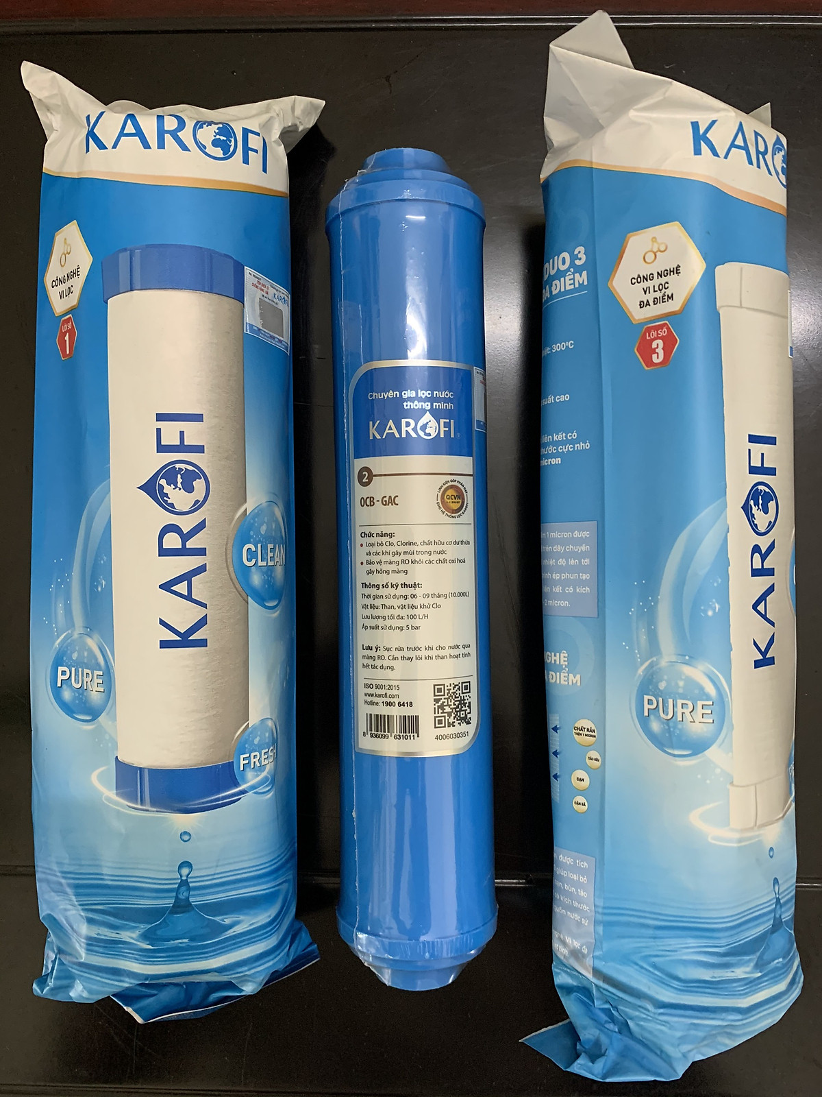 Bộ 3 lõi lọc nước 123 hàng chính hãng Karofi với lõi số 2 OCB nhỏ cắm nhanh, dùng cho các dòng máy N-e.