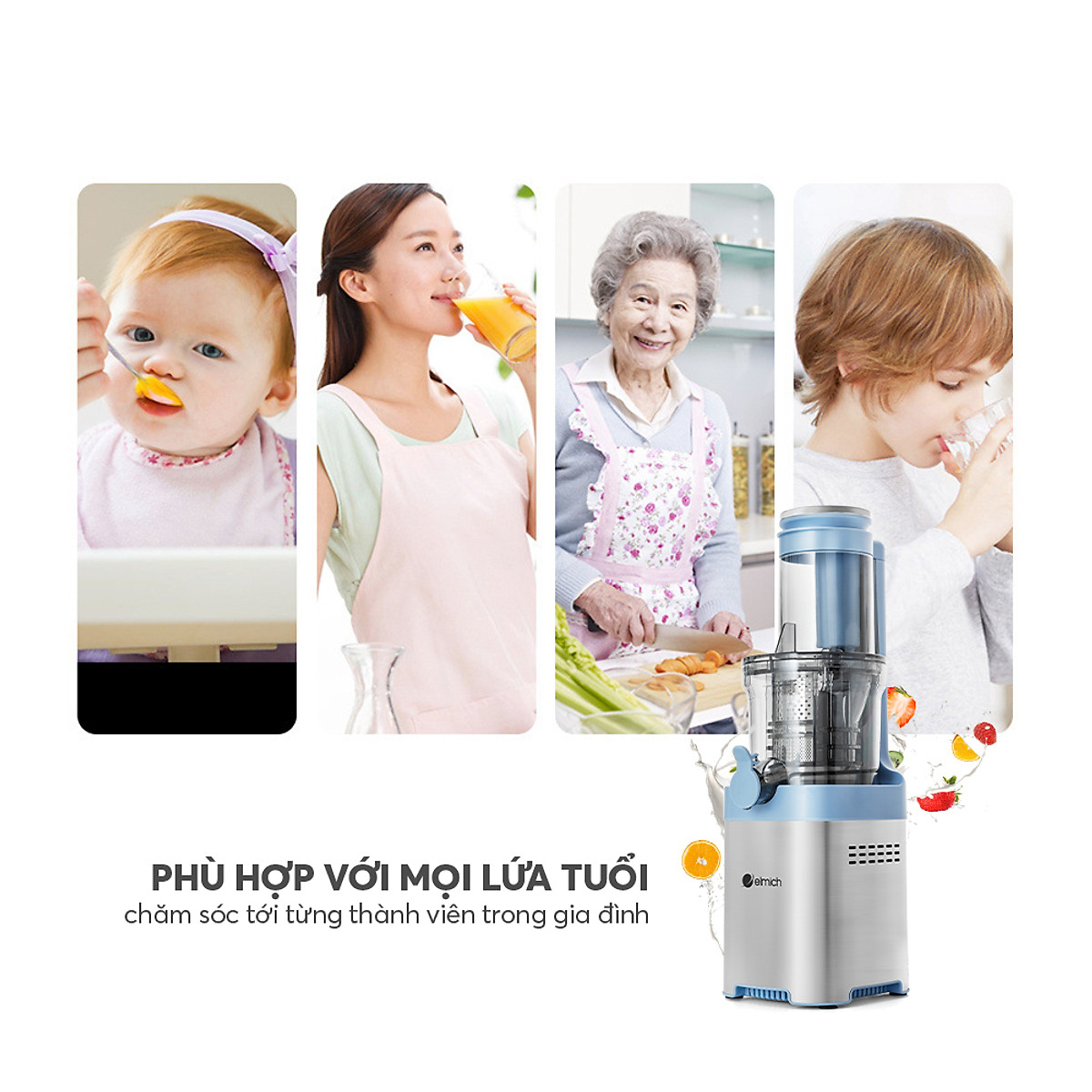 Máy ép chậm Elmich JEE-8769, công suất 200W, tốc độ quay 65 vòng/phút, độ ồn thấp dưới 62db - Hàng chính hãng