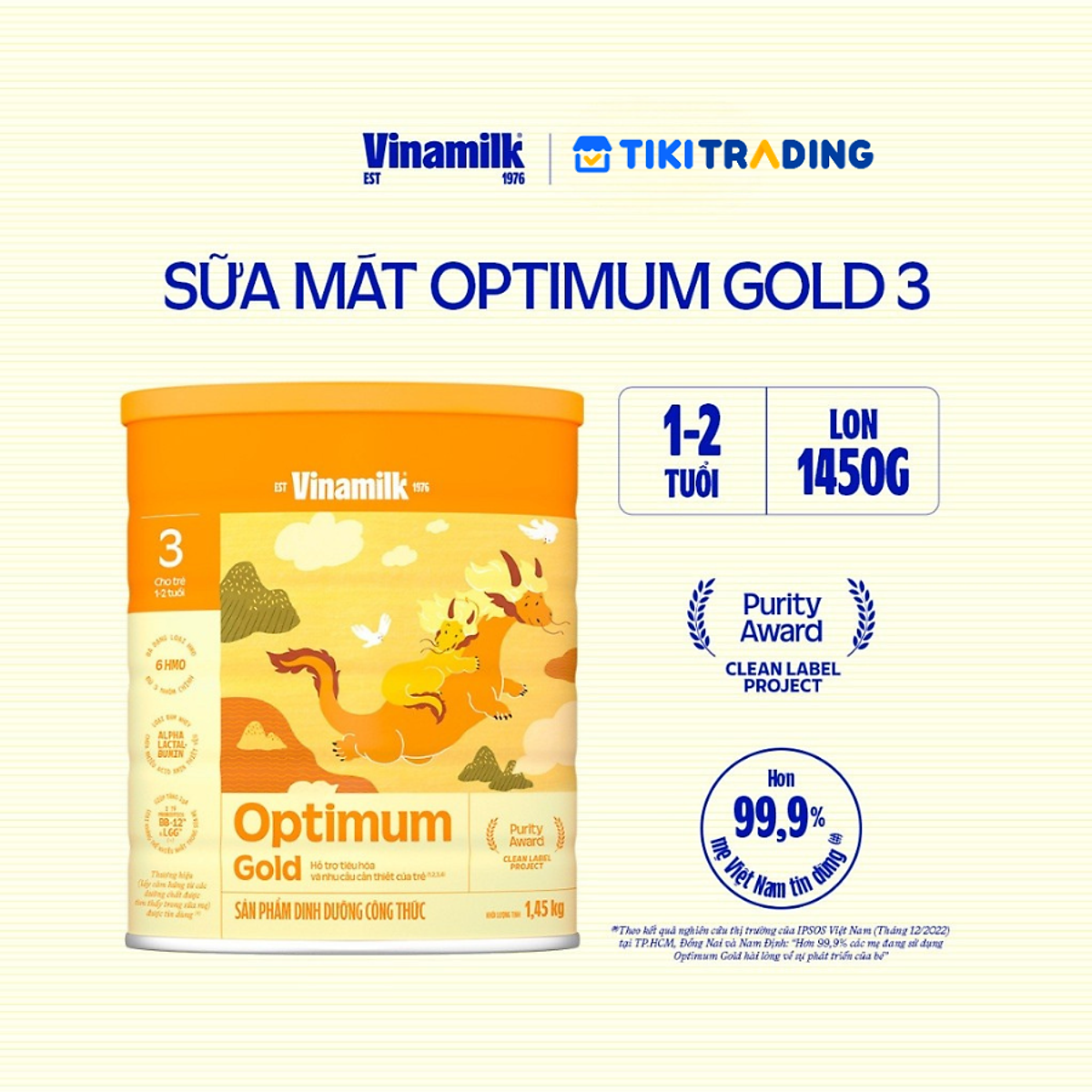 Sữa bột Vinamilk Optimum Gold Step 3 Hộp Thiếc 1450g