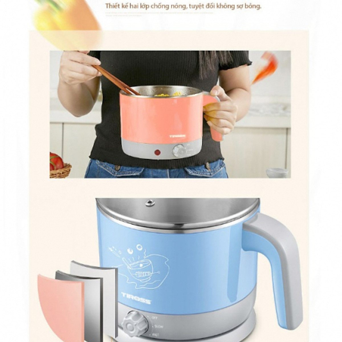 Ca Nấu Đa Năng Tiross TS1366 (1.2L) - Hồng - Hàng chính hãng