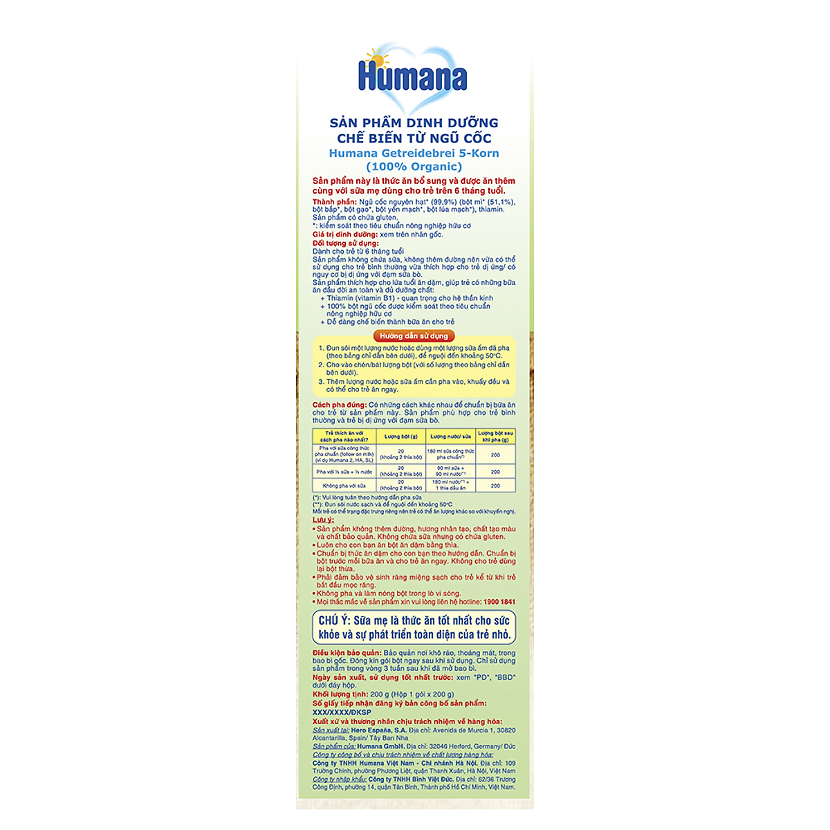Bột ăn dặm dinh dưỡng Humana 5 loại ngũ cốc GETREIDEBREI 5 - KORN- Nhập khẩu 100% từ Đức.